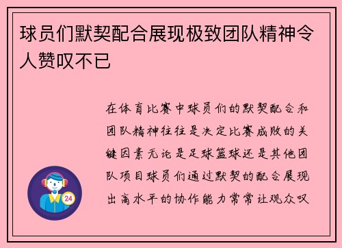球员们默契配合展现极致团队精神令人赞叹不已
